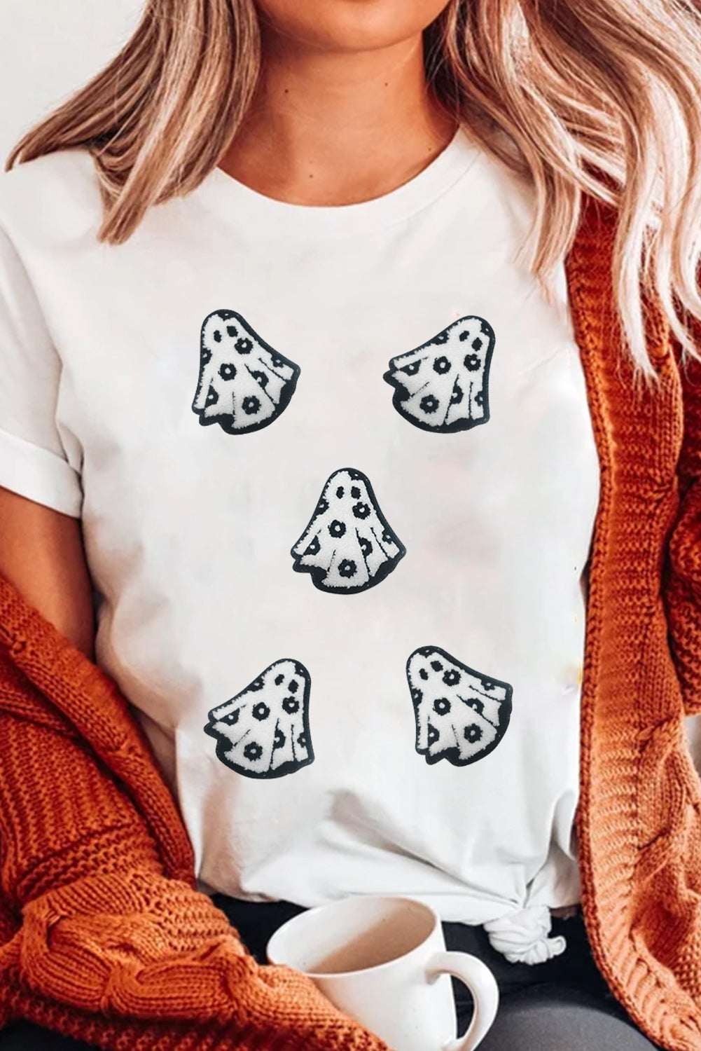 White Playful Ghost Patched Cotton Blend T Shirt 🇺🇸