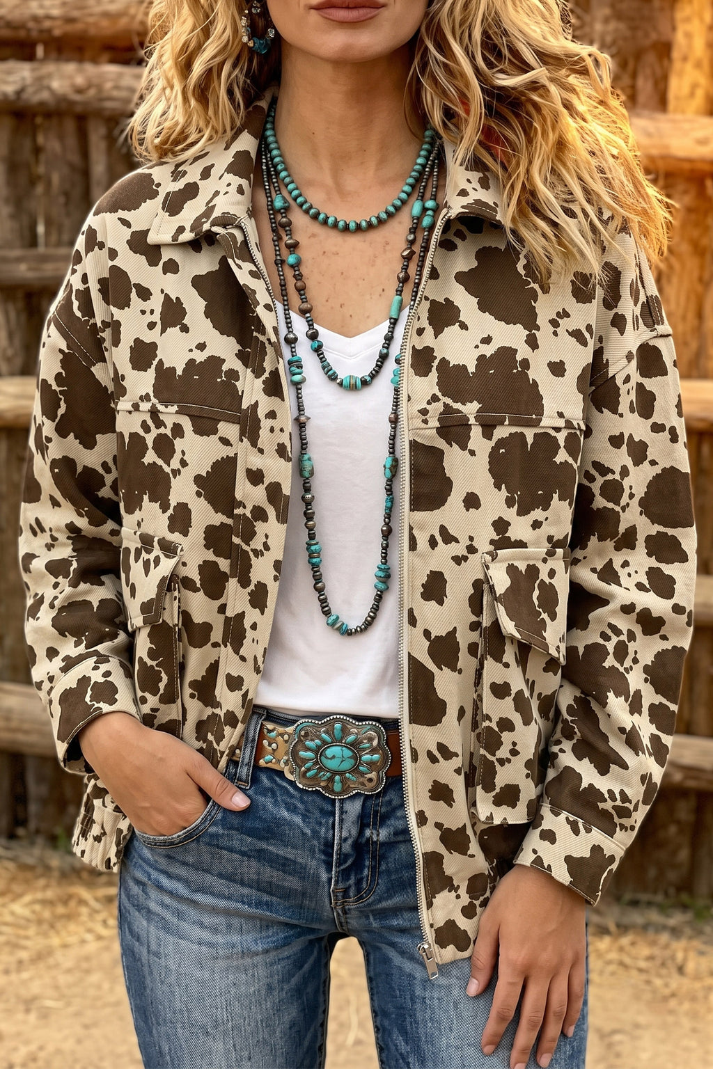Brown Western Cow Print Cargo Pocket Denim Jacket 🇺🇸