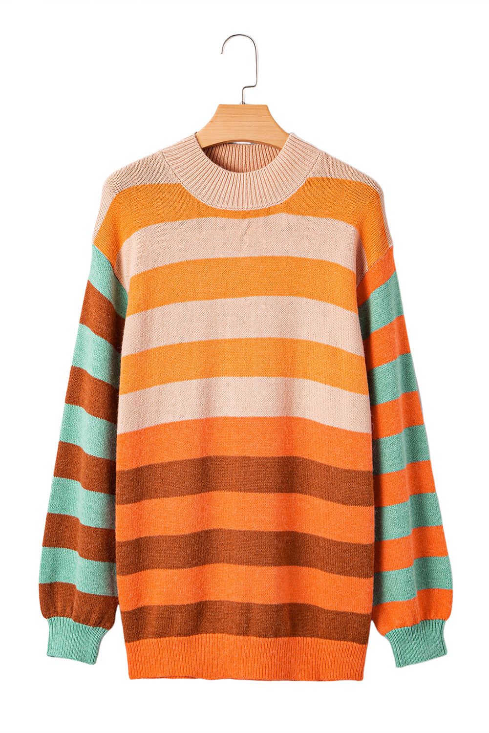 Orange Stripe Color Block High Neck Drop Shoulder Cozy Sweater 🇺🇲