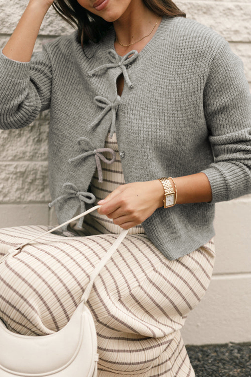 Philippine Gray Ribbed Knit Bow Front Buttoned Cardigan 🇺🇲