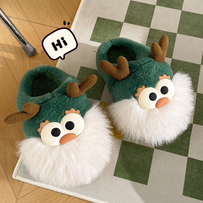 Cute Cartoon Christmas Deer Cotton Shoes Winter Indoor Floor Home Slippers Half-covered Heel Warm Plush Shoes Women 🇨🇳
