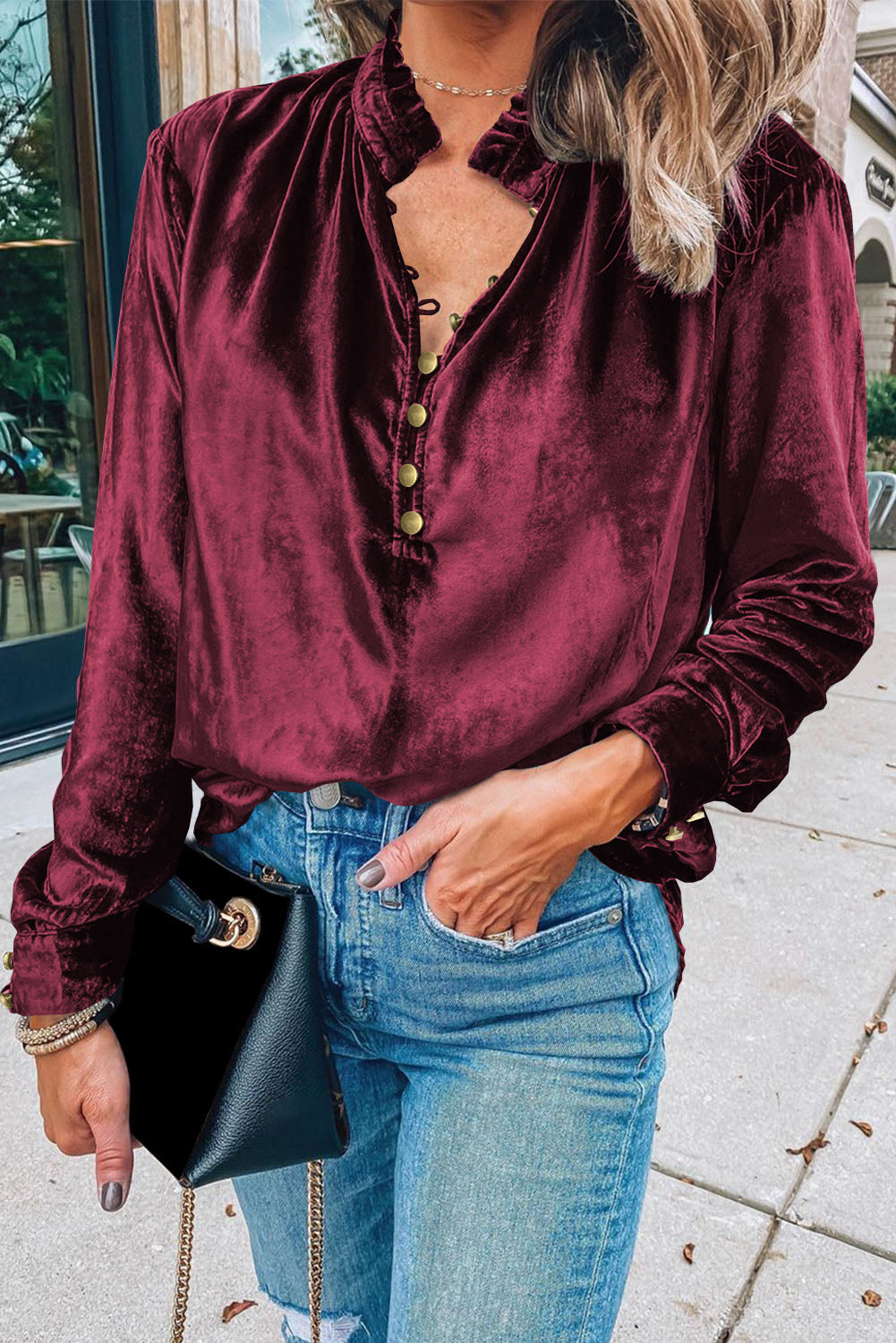 Burgundy Frilled Neck Buttoned Front Velvet Top 🇺🇸