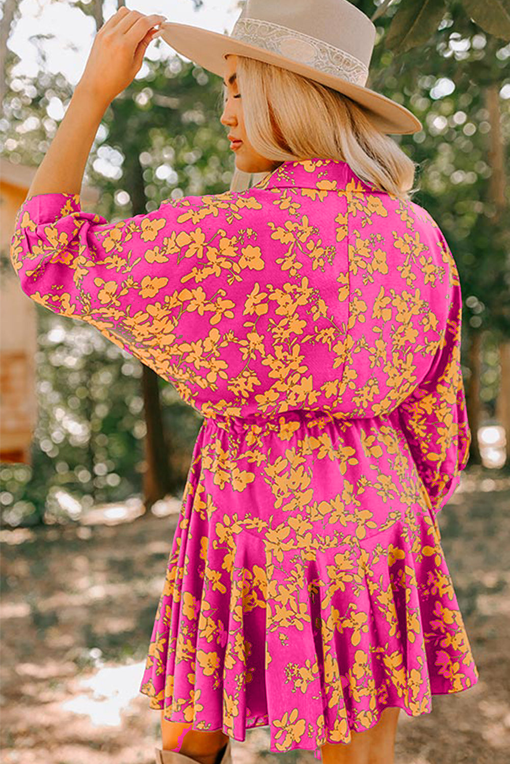 Pink Floral Print Drawstring Tunic Flowy Short Dress 🇺🇸