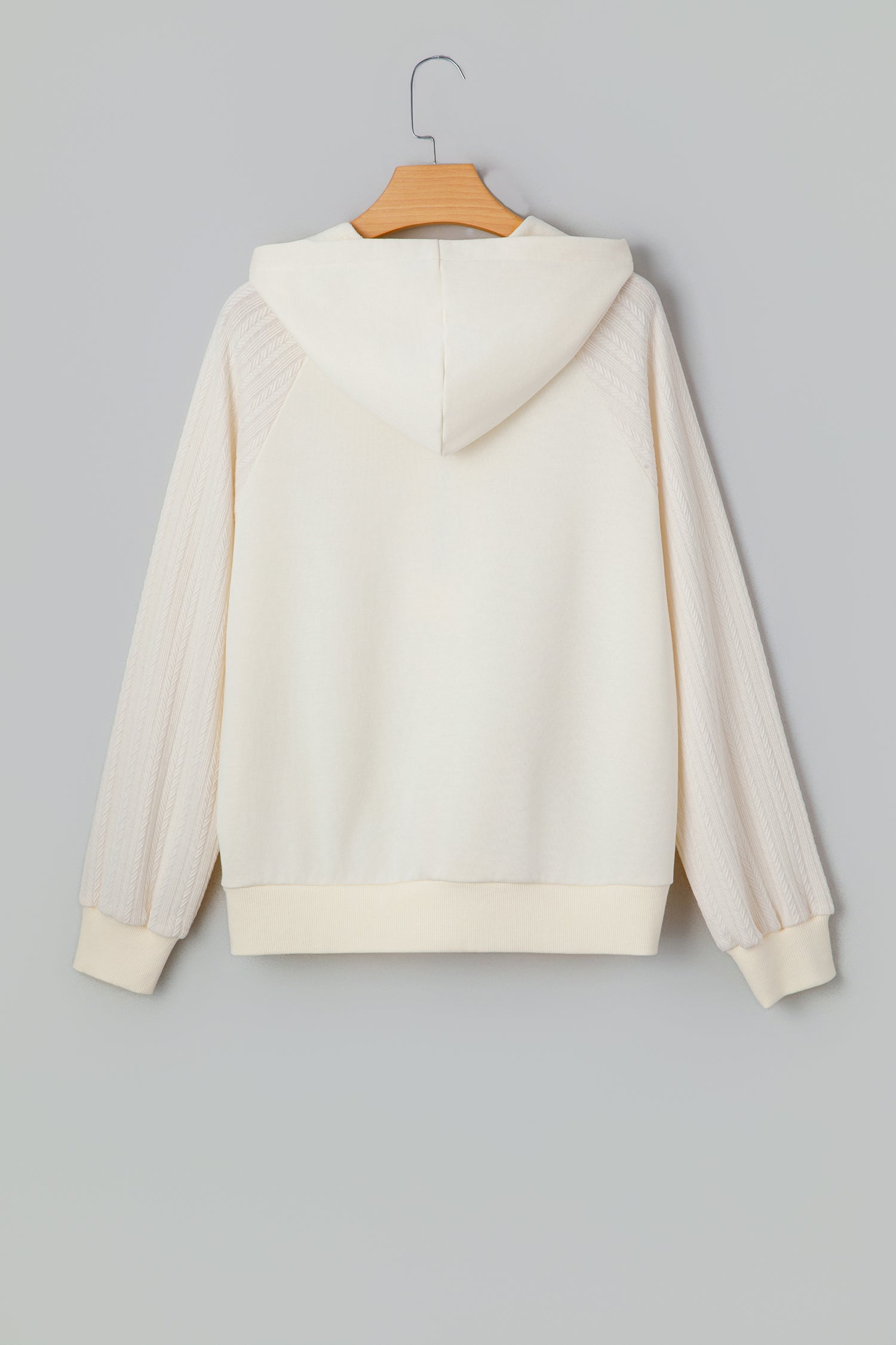 Beige Solid Color Textured Sleeve Patchwork Half Zip Hoodie 🇺🇸