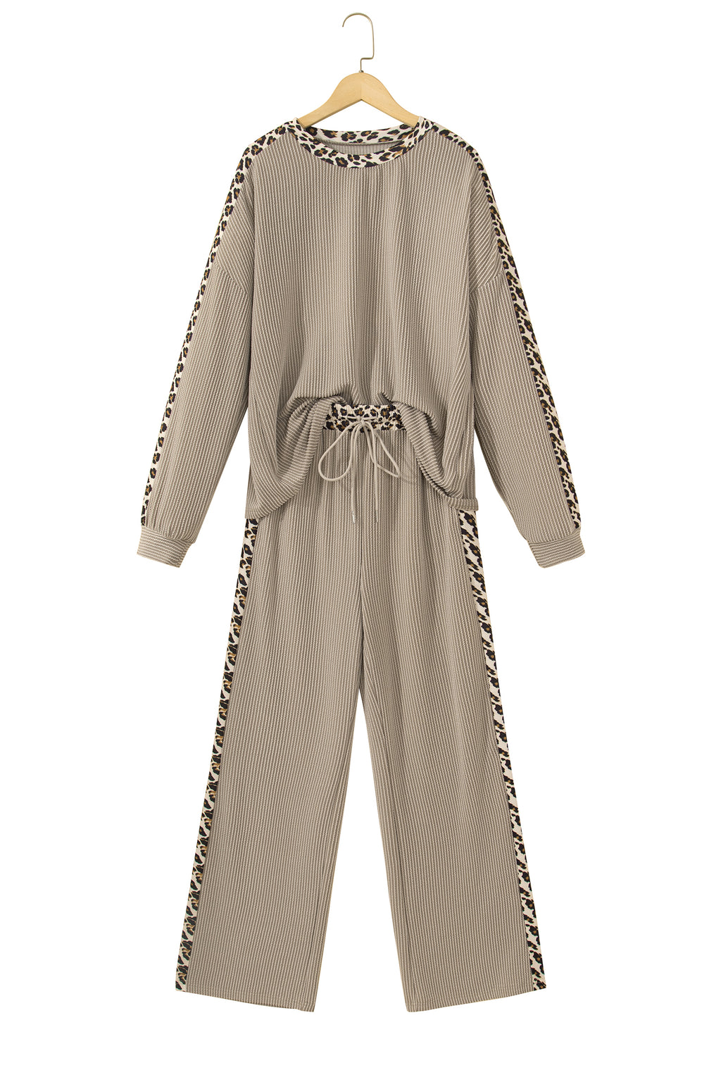 Simply Taupe Cozy Ribbed Patchwork Leopard Trim Long Sleeve 2pcs Pant Set 🇺🇸