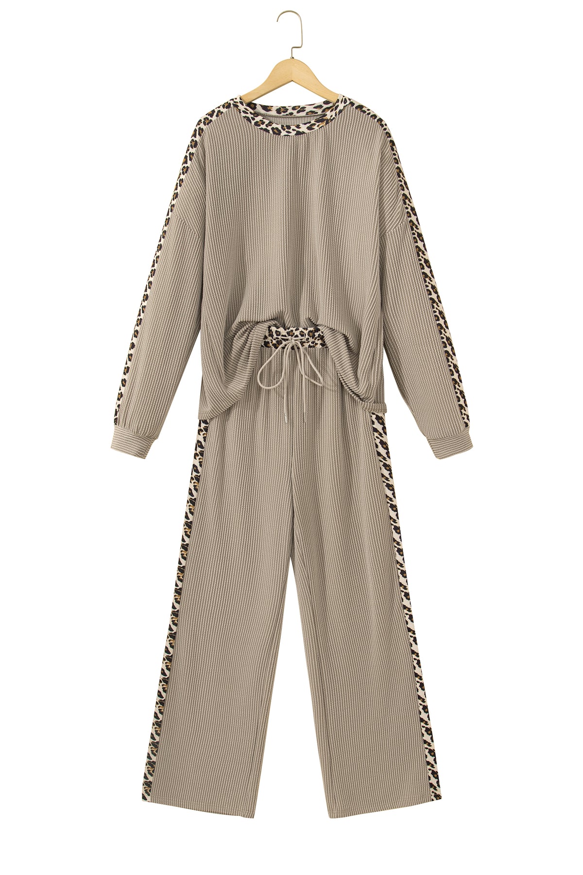 Simply Taupe Cozy Ribbed Patchwork Leopard Trim Long Sleeve 2pcs Pant Set 🇺🇸