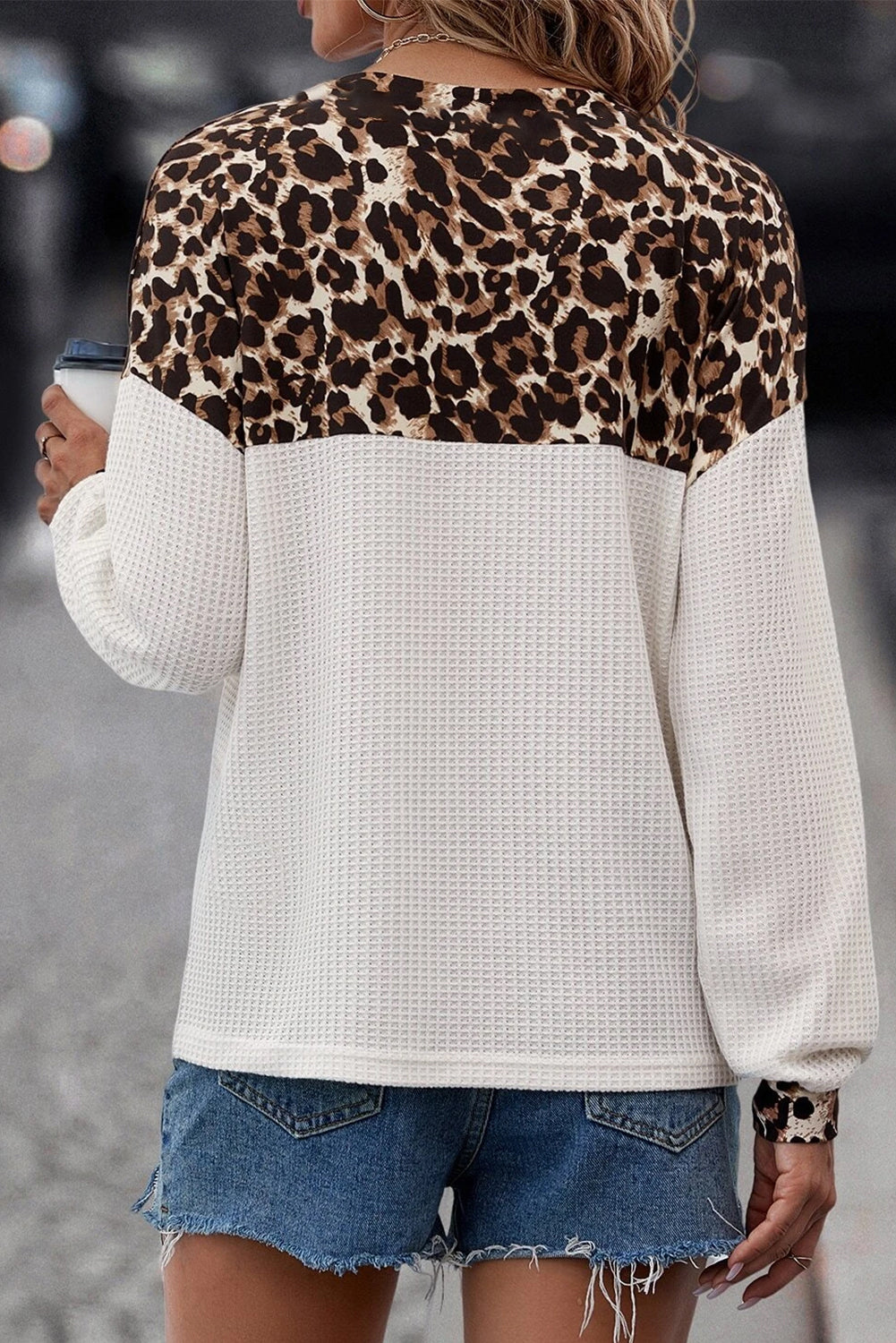 White Leopard Waffle Knit Patchwork Button V Neck Top 🇺🇸