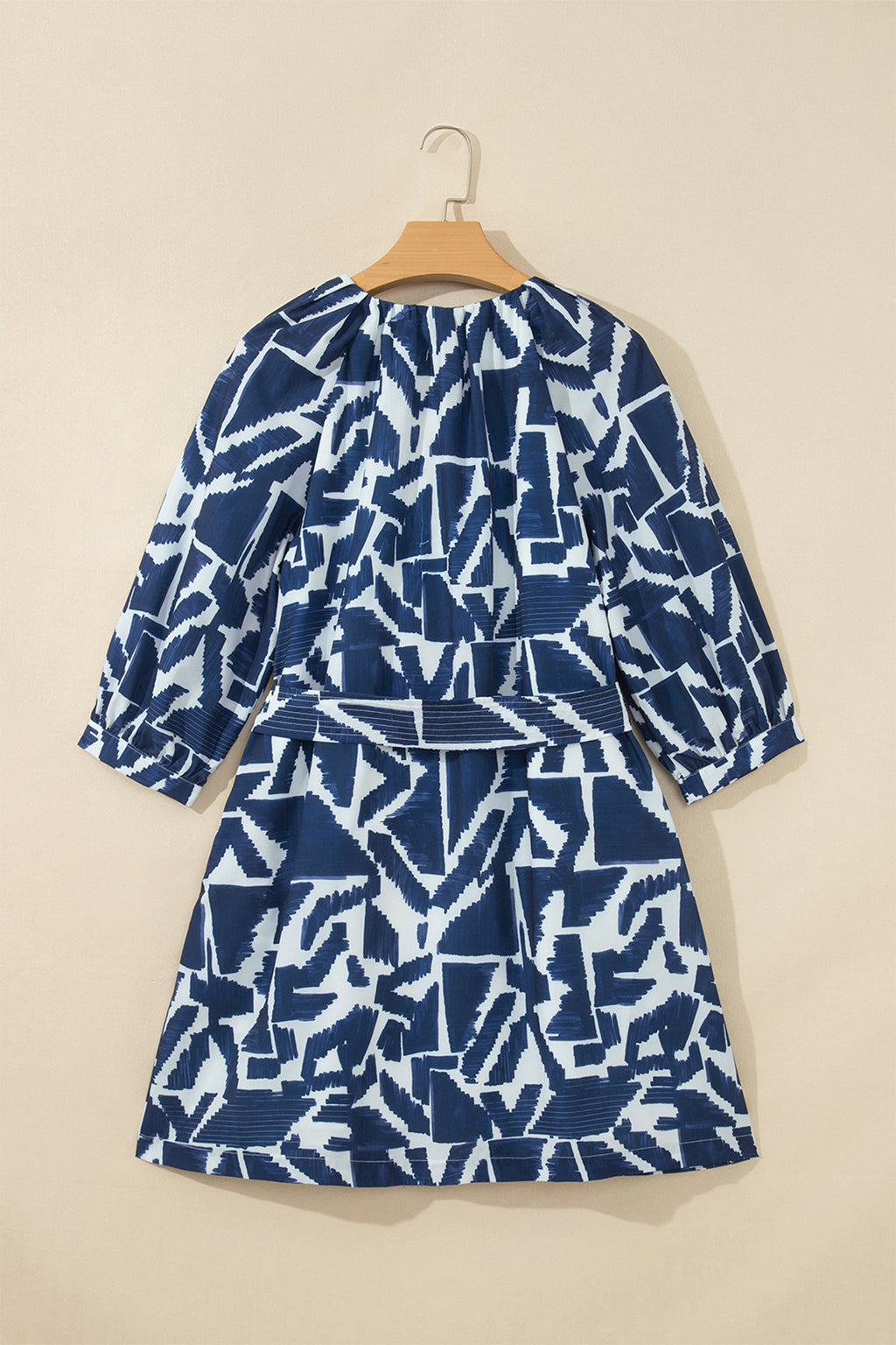 Blue Abstract Geometric Print Zip Front Tie Waist Shift Dress 🇺🇸