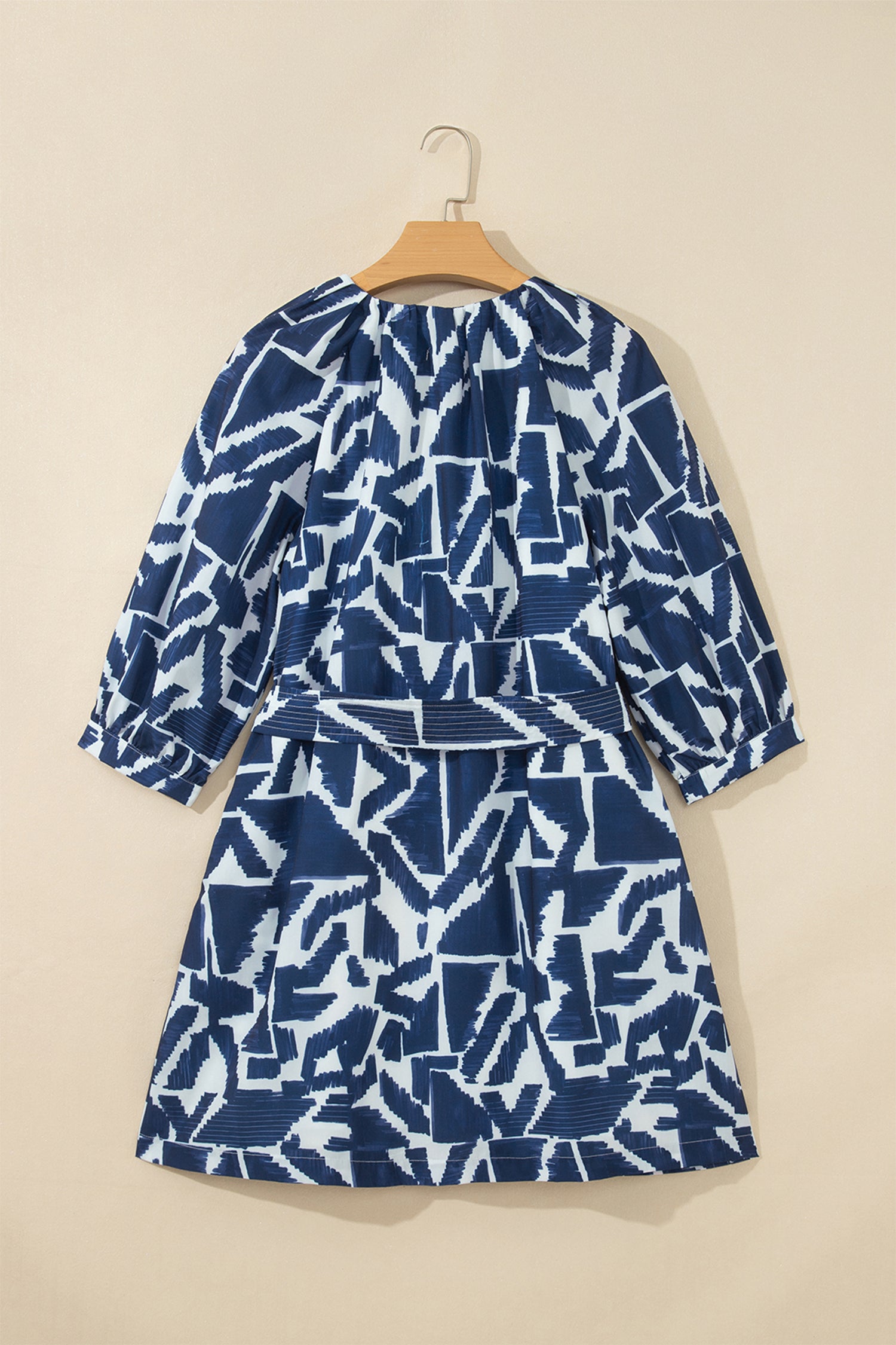 Blue Abstract Geometric Print Zip Front Tie Waist Shift Dress 🇺🇸