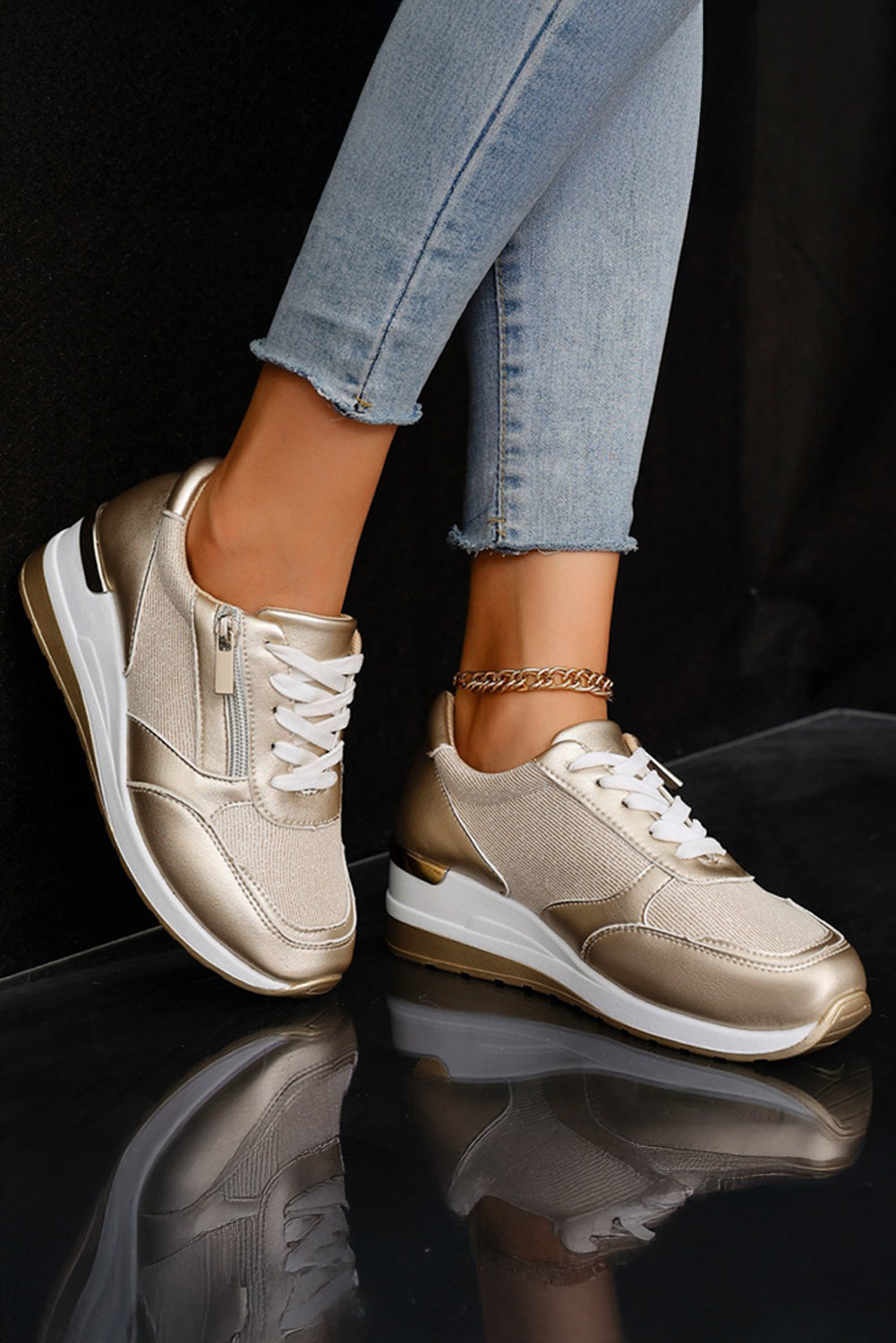 Gold PU Leather Patchwork Zipper Lace-up Sneakers 🇺🇸