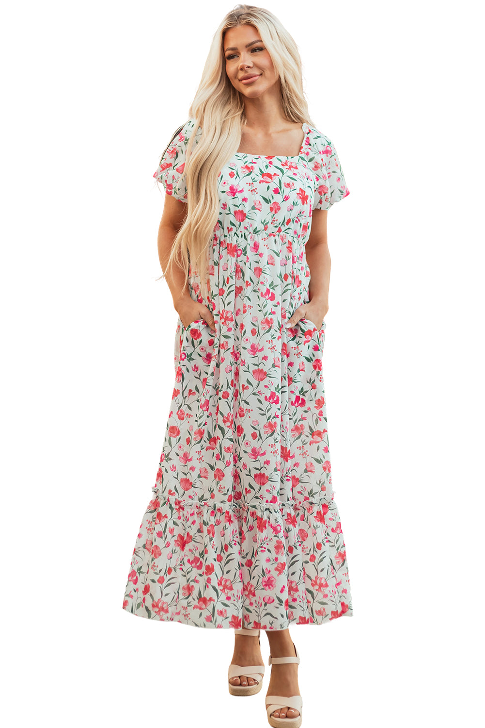Pink Floral Puff Sleeve Square Neck Empire Waist Tiered Maxi Dress 🇨🇳