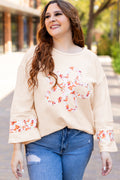 Beige Plus Size Flower Patched Side Slits Crewneck Top 🇨🇳