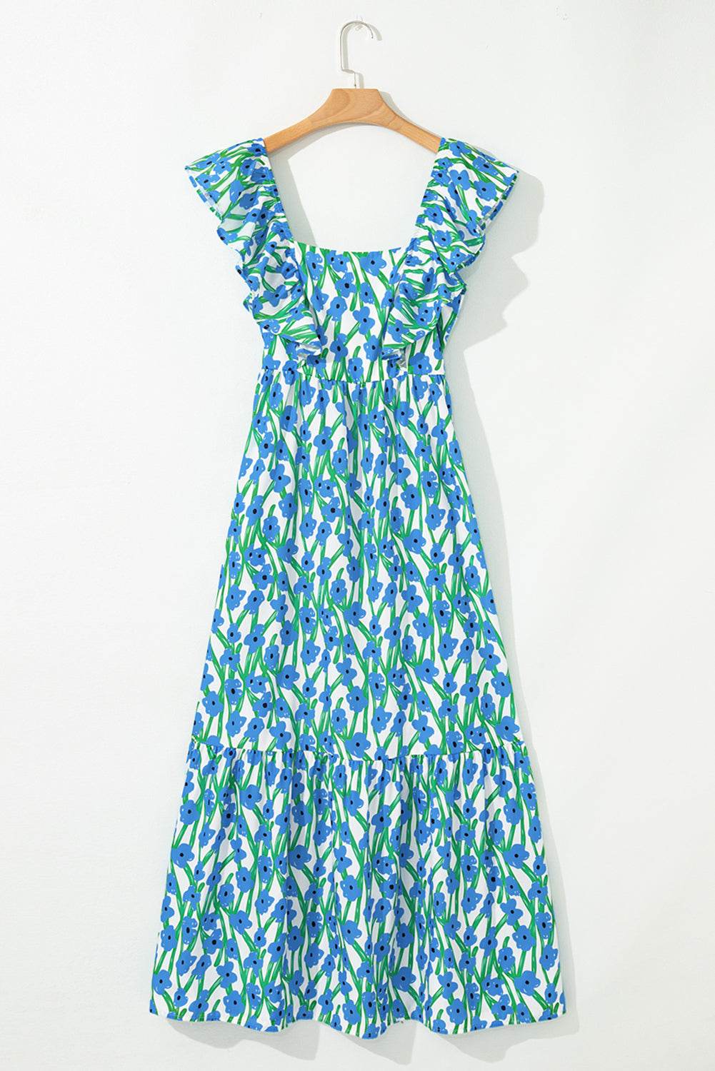 Blue Floral Print Square Neck Ruffled Strap Maxi Dress 🇨🇳