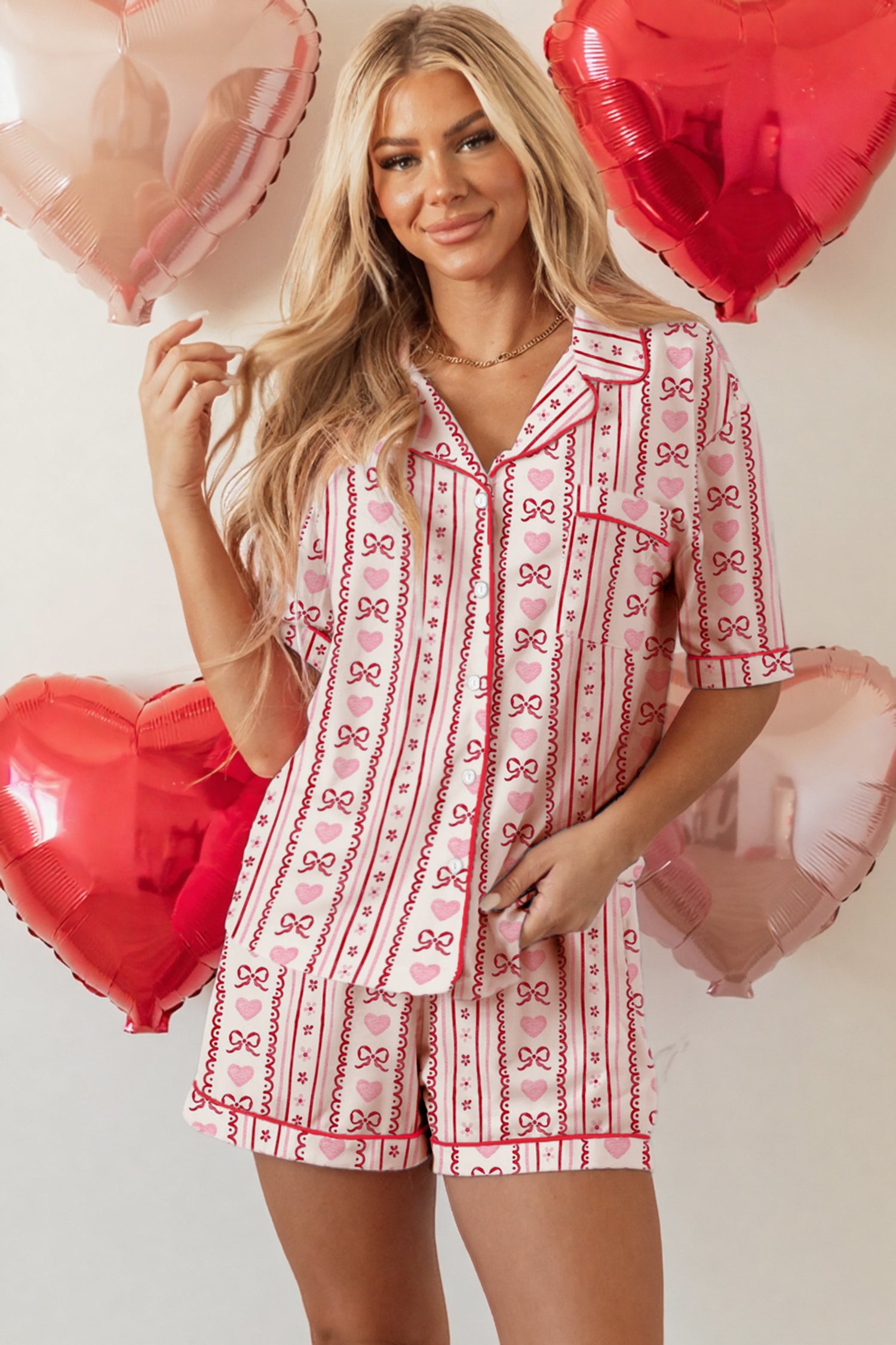 Red Cute Bow Heart Print Ribbon Decor Short 2pcs Pajama Set 🇺🇸