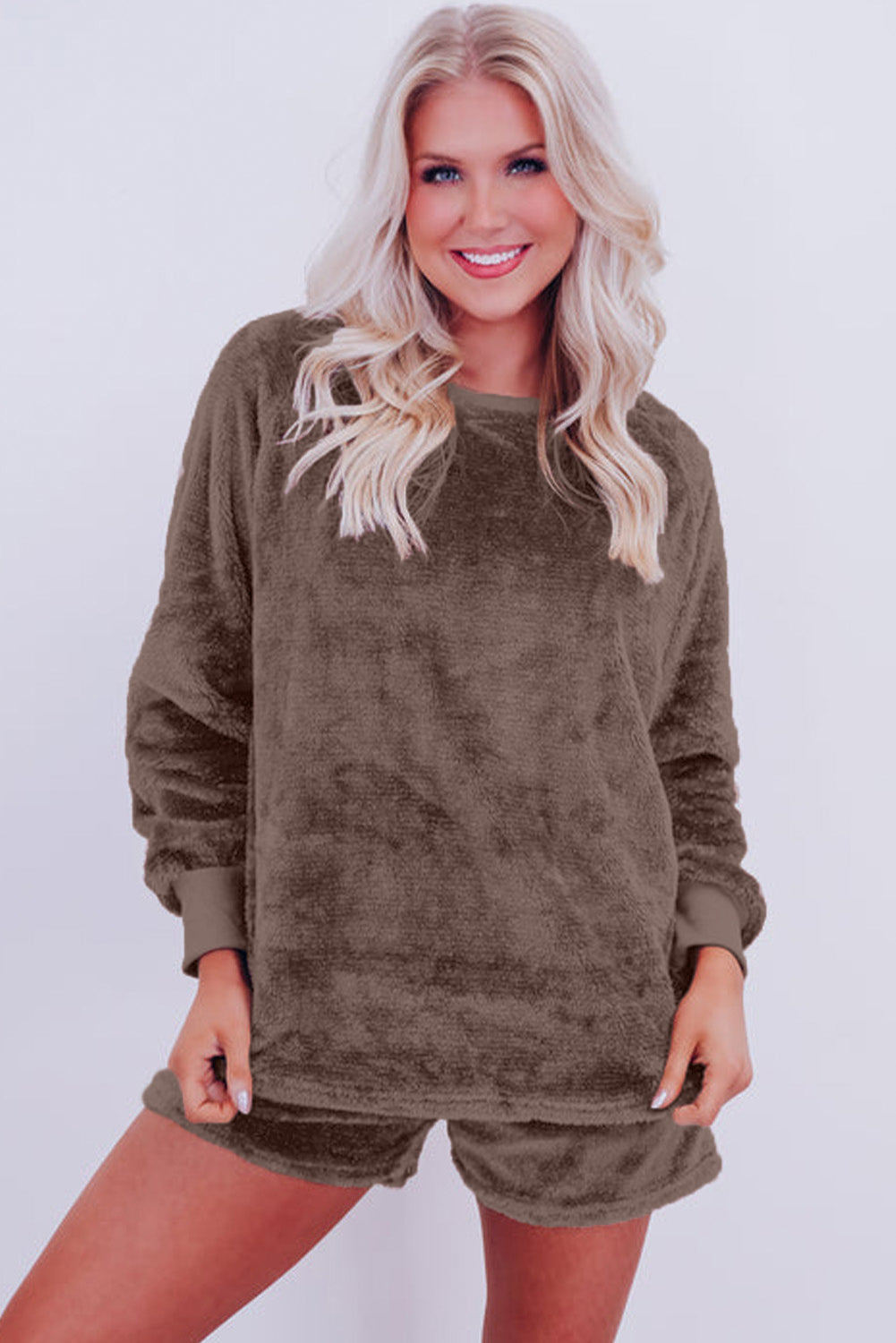 Coffee Solid Loose Fit Two Piece Fleece Lounge Set 🇨🇳