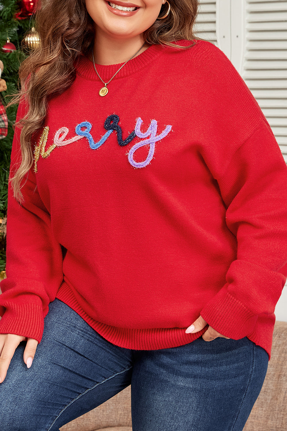 Fiery Red Tinsel merry Pattern Drop Shoulder Plus Size Sweater 🇺🇸