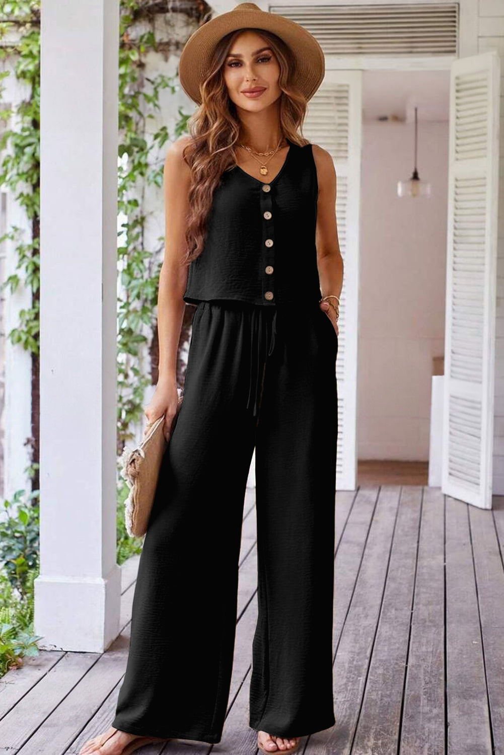 Black Buttoned Vest Drawstring Wide Leg Pants 2pcs Set 🇨🇳