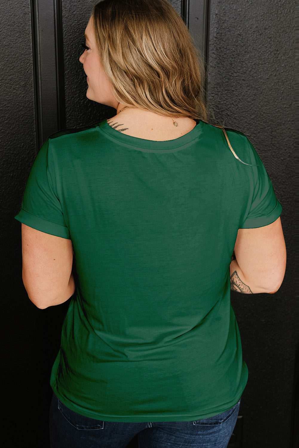 Dark Green Round Neck Rolled Sleeve Plus Size T-shirt 🇨🇳