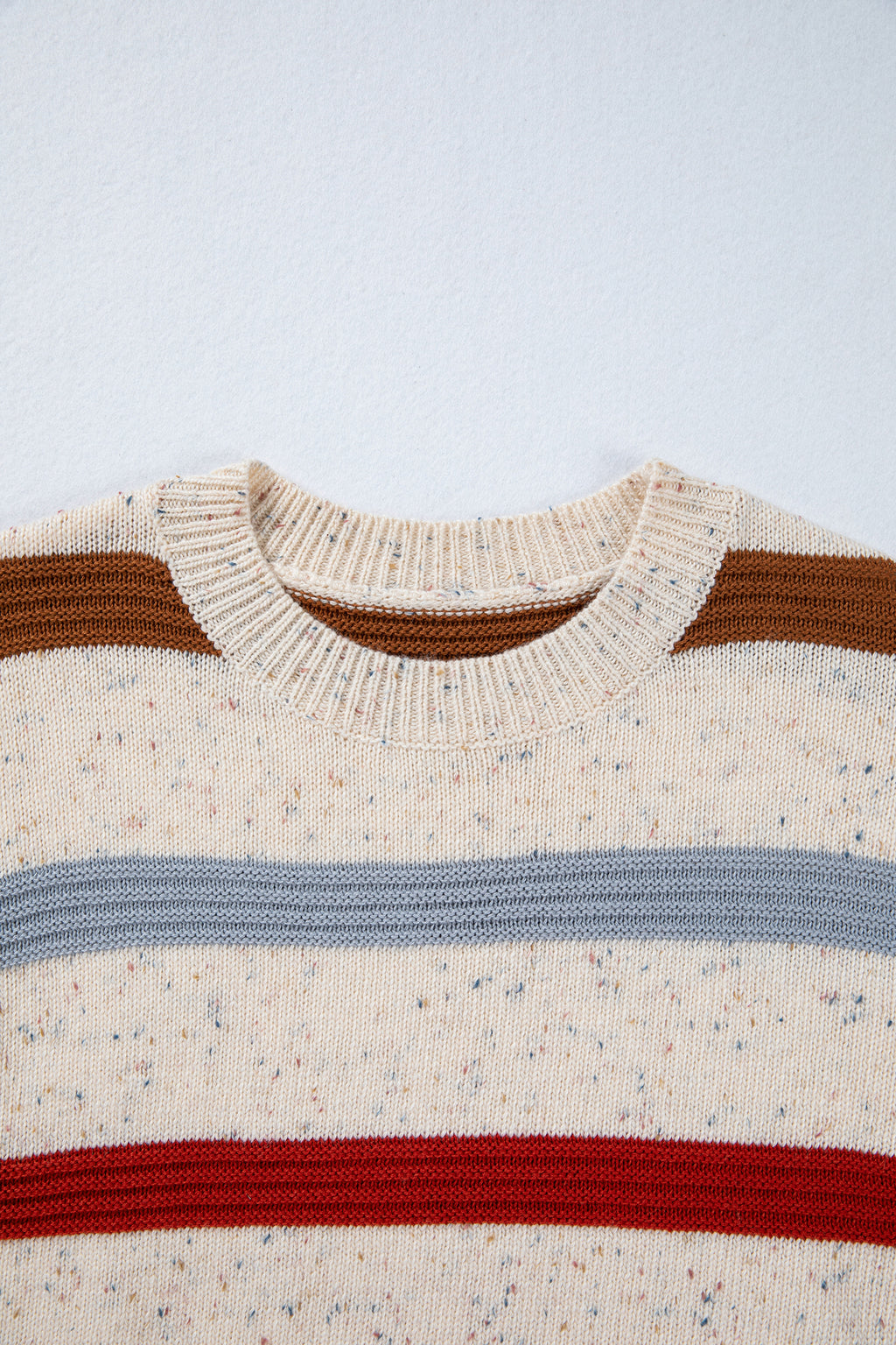 Beige Stripe Exposed Seam Drop Shoulder Heathered Knit Sweater 🇺🇸