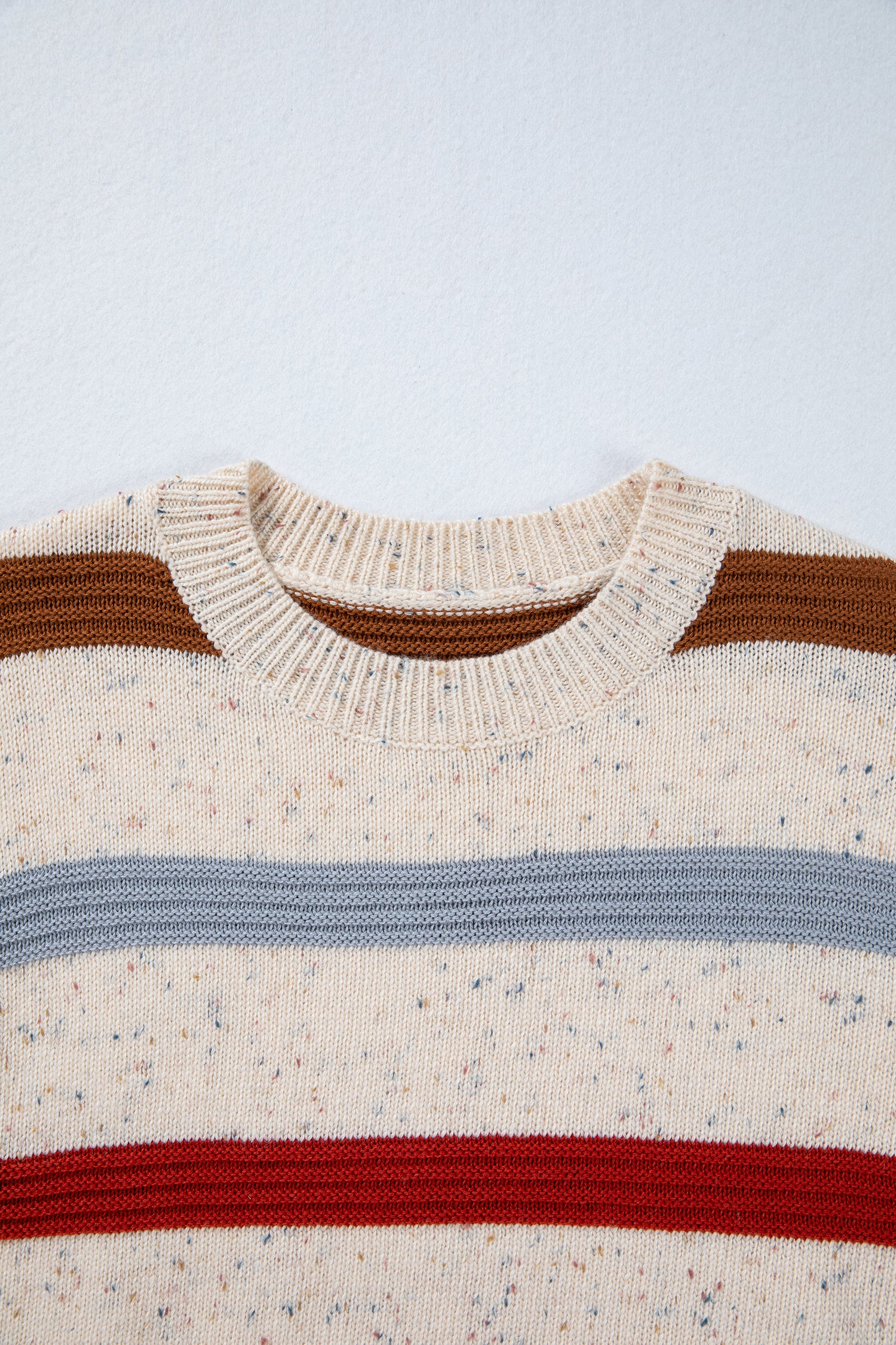 Beige Stripe Exposed Seam Drop Shoulder Heathered Knit Sweater 🇺🇸