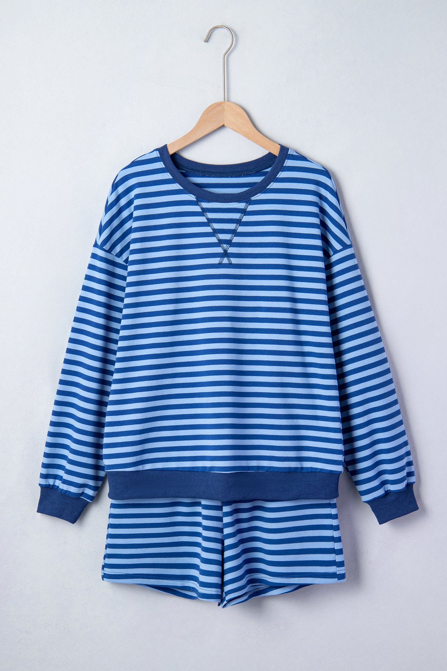 Blue Stripe Drop Shoulder Long Sleeve Pullover Elastic Waist Casual Short Set 🇺🇸