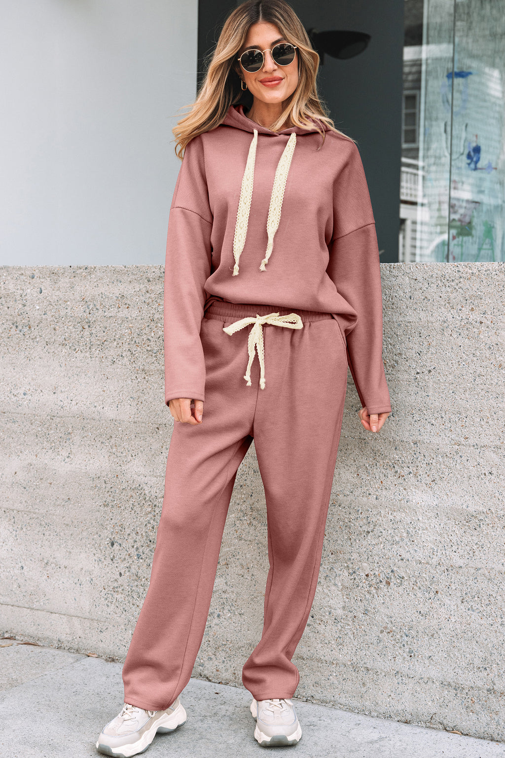Rose Tan Lace Drawstring Pullover Hoodie and High Waist Pants Corduroy Suit 🇺🇸