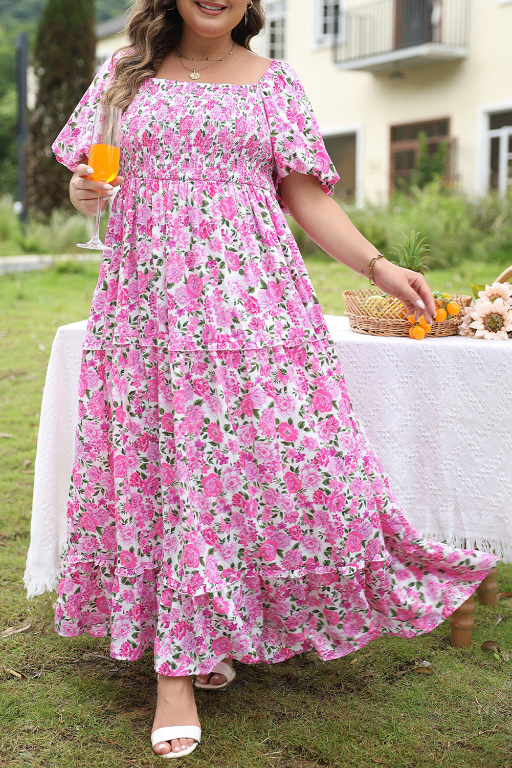 Pink Plus Size Floral Print Smocked Puff Sleeve Dress 🇨🇳
