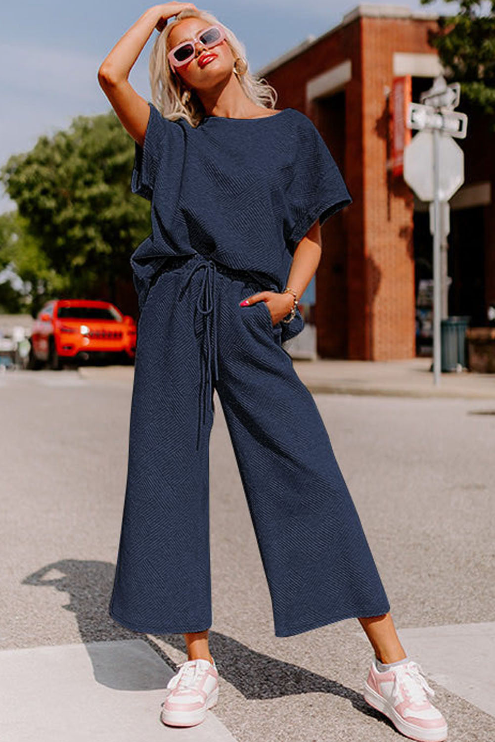 Navy Blue Textured Loose Fit T Shirt and Drawstring Pants Set 🇨🇳