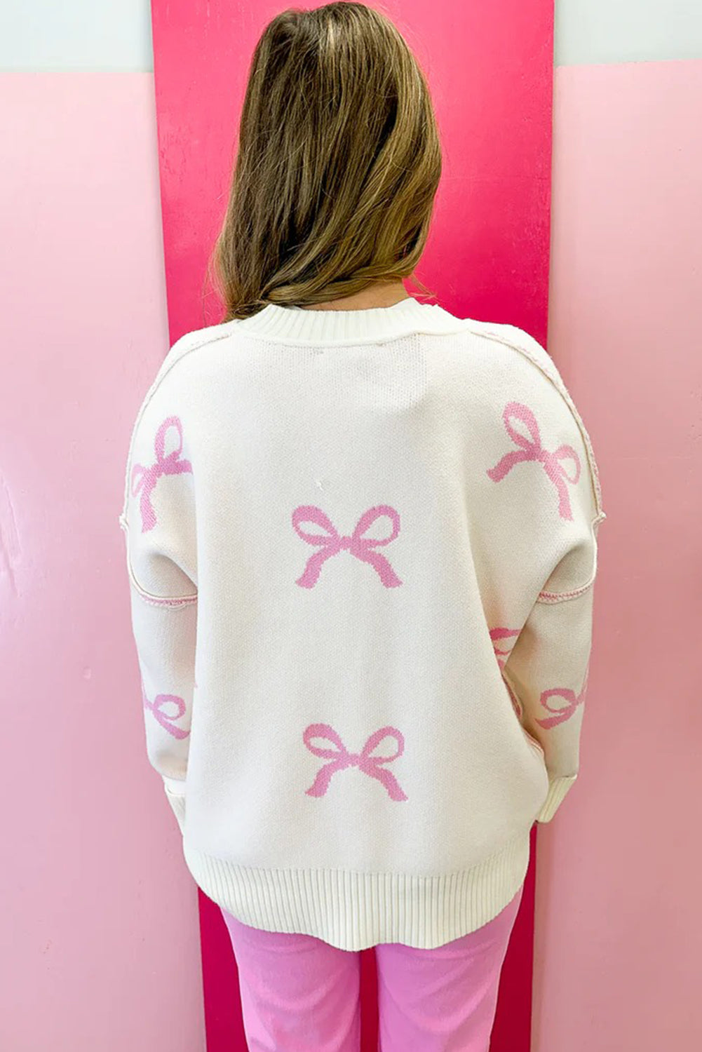 Pink Bow Print Ribbed Trim Exposed Seam Drop Shoulder Loose Sweater 🇺🇸