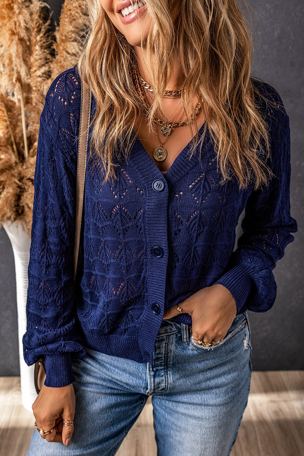 Blue Lightweight Buttoned Front Crochet Cardigan 🇨🇳