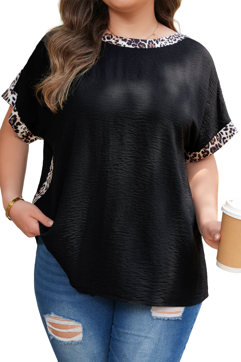 Black Plus Size Leopard Patchwork Round Neck Loose Tee 🇺🇸