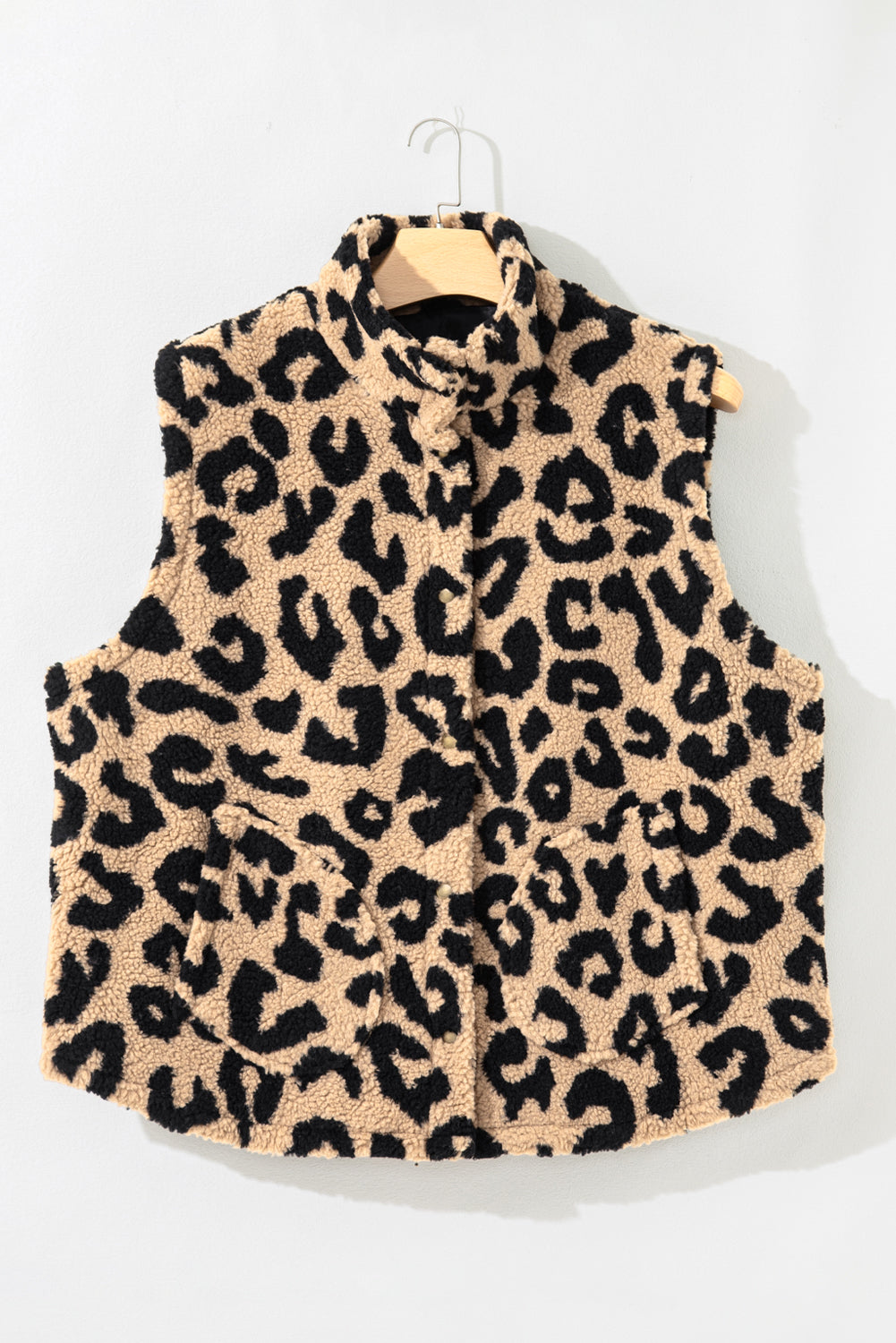 Khaki Leopard Sherpa Button Front Collared Plus Size Vest Jacket 🇺🇸