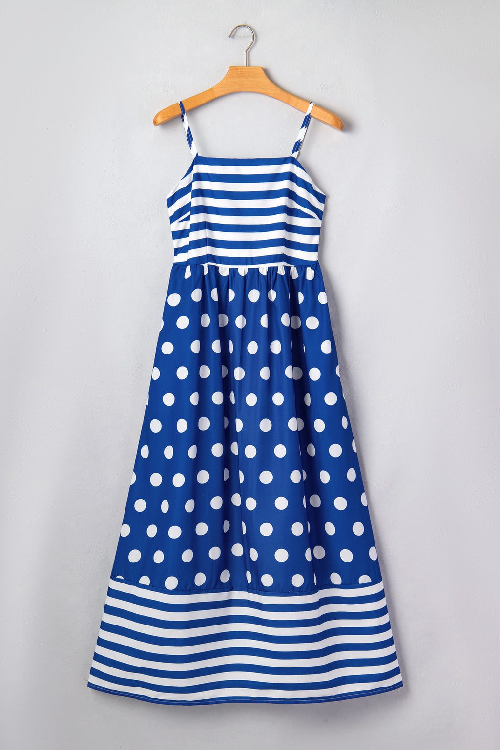 Blue Striped Polka Dot Patchwork High Waist Spaghetti Straps Maxi Dress 🇺🇸