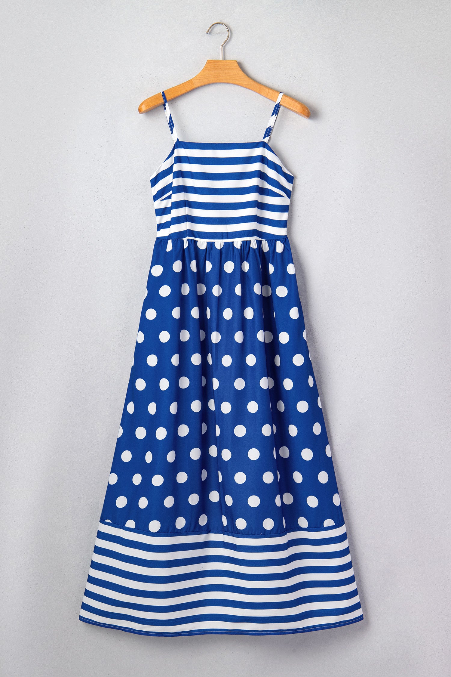Blue Striped Polka Dot Patchwork High Waist Spaghetti Straps Maxi Dress 🇺🇸