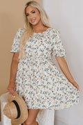 Beige Floral Puff Short Sleeve Empire Waist Mini Dress 🇺🇸