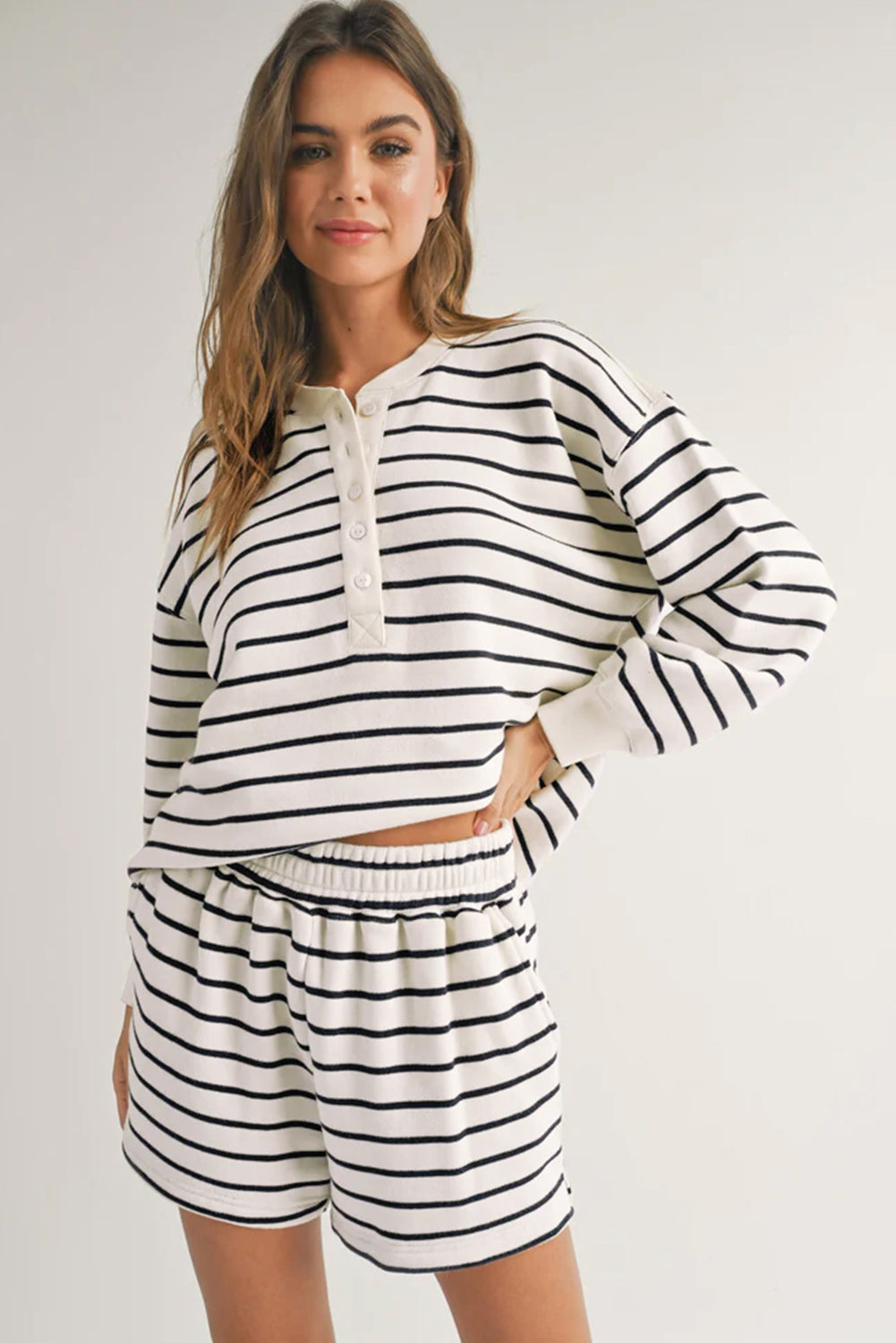 Black white Stripes Printed Half Button Long Sleeve Top and Shorts Set 🇨🇳