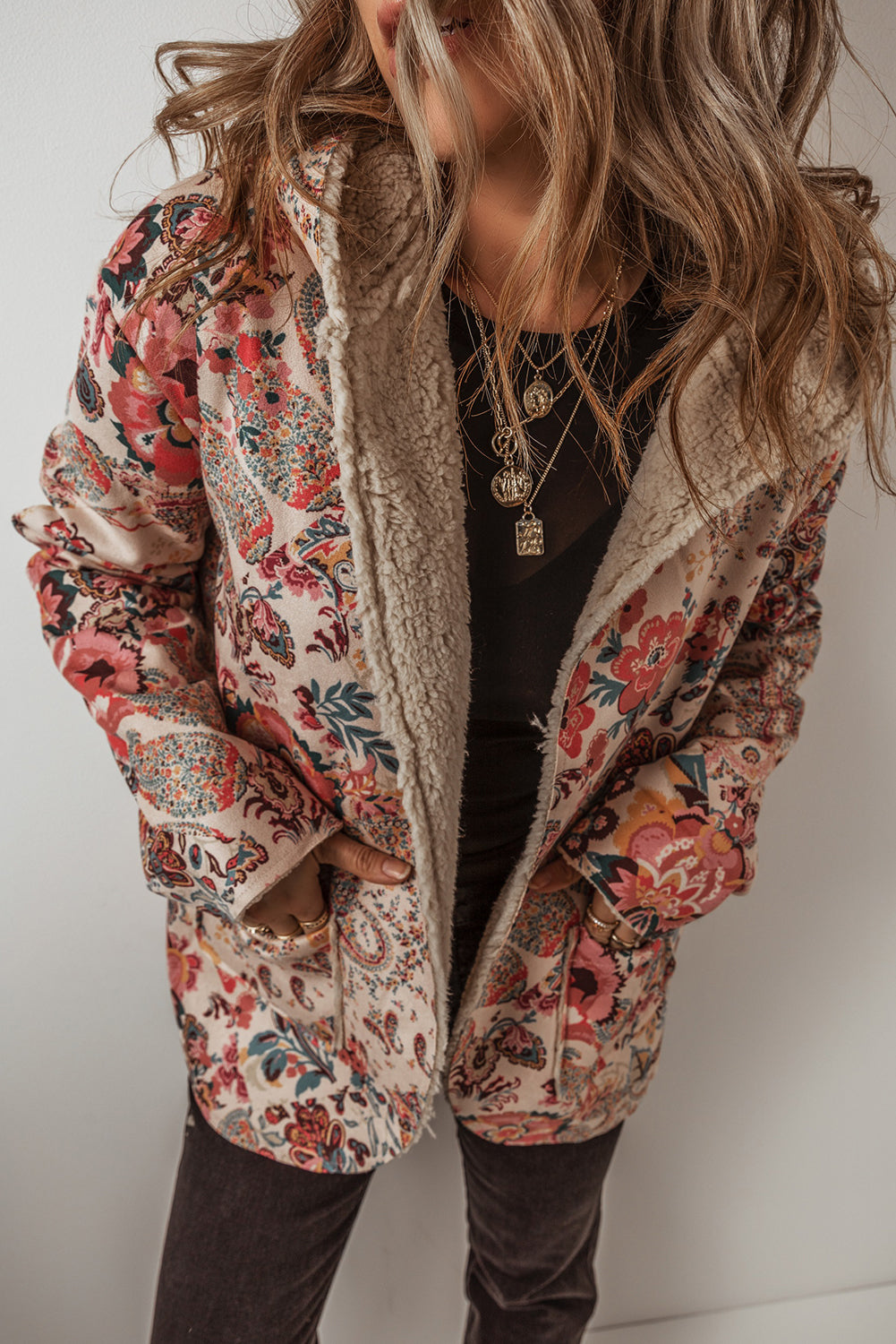 Beige Vintage Paisley Floral Printed Sherpa Lined Hooded Jacket 🇺🇲