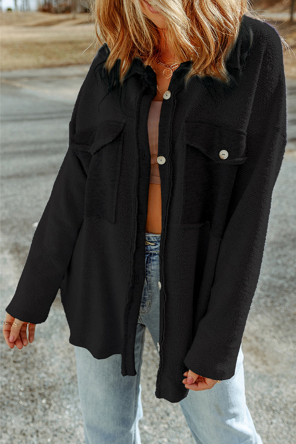 Black Contrast Flap Pockets Relaxed Shacket 🇺🇸