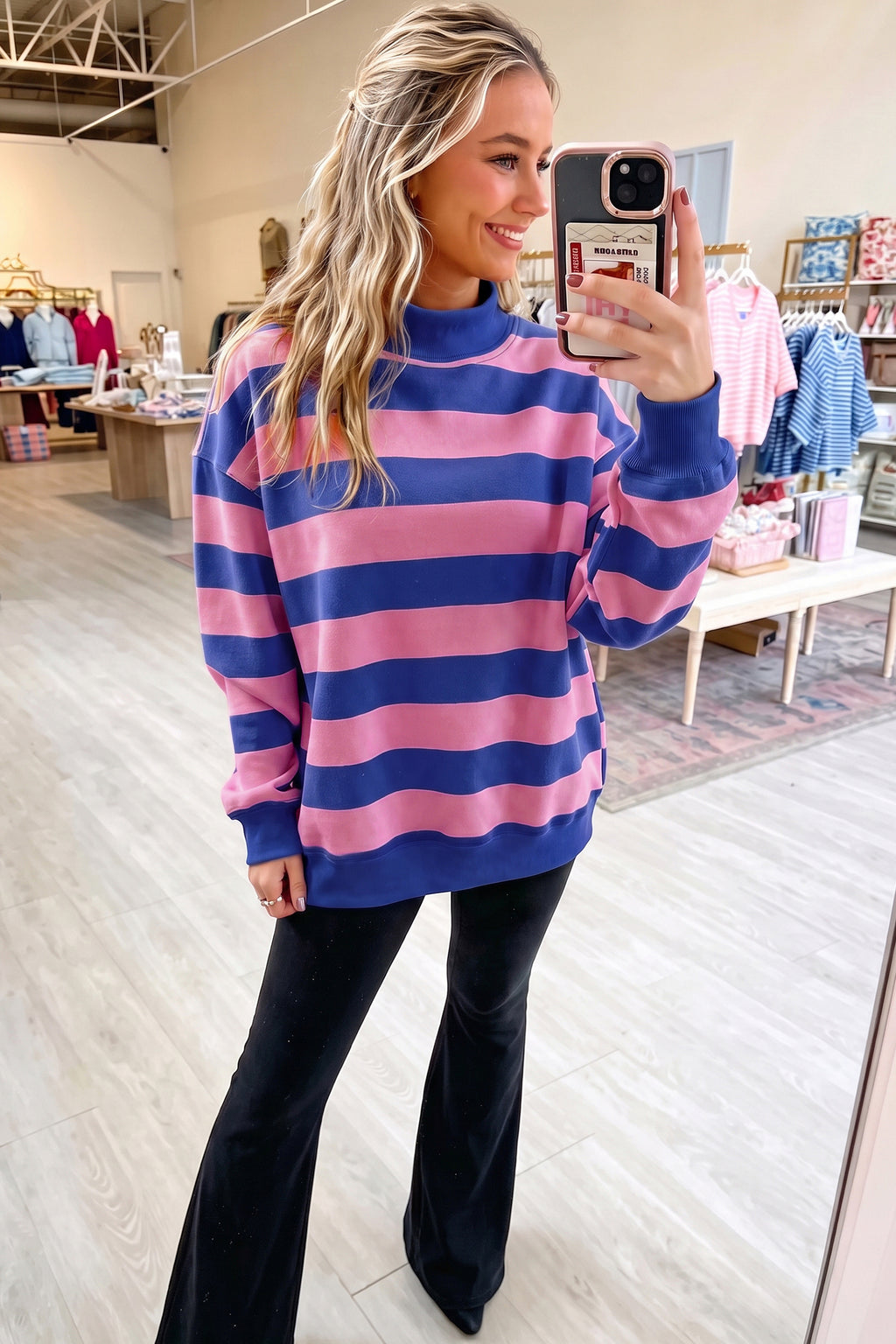 Blue Stripe Colorblock Mock Neck Relaxed Sweatshirt 🇺🇸