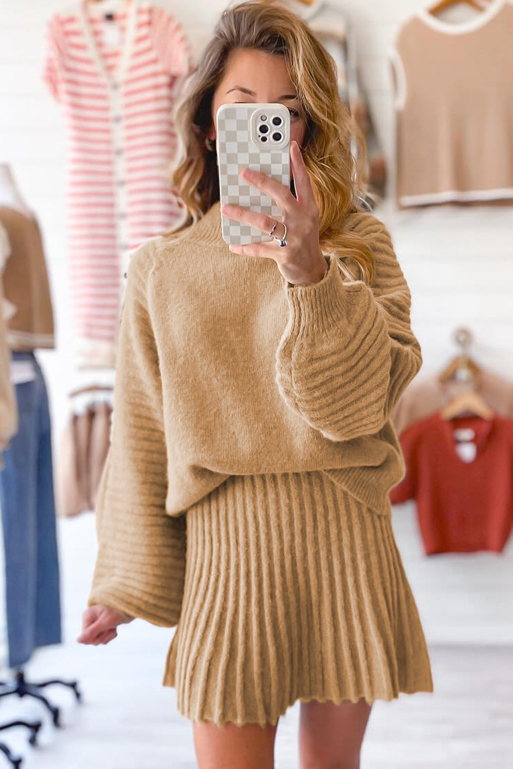 Smoke Gray High Neck Puff Sleeve Sweater Pleated Mini Skirt 2pcs Knitted Outfit 🇺🇸