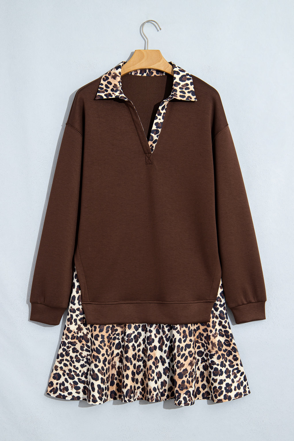 Coffee Leopard Patchwork Collar Long Sleeve Dress 🇺🇸