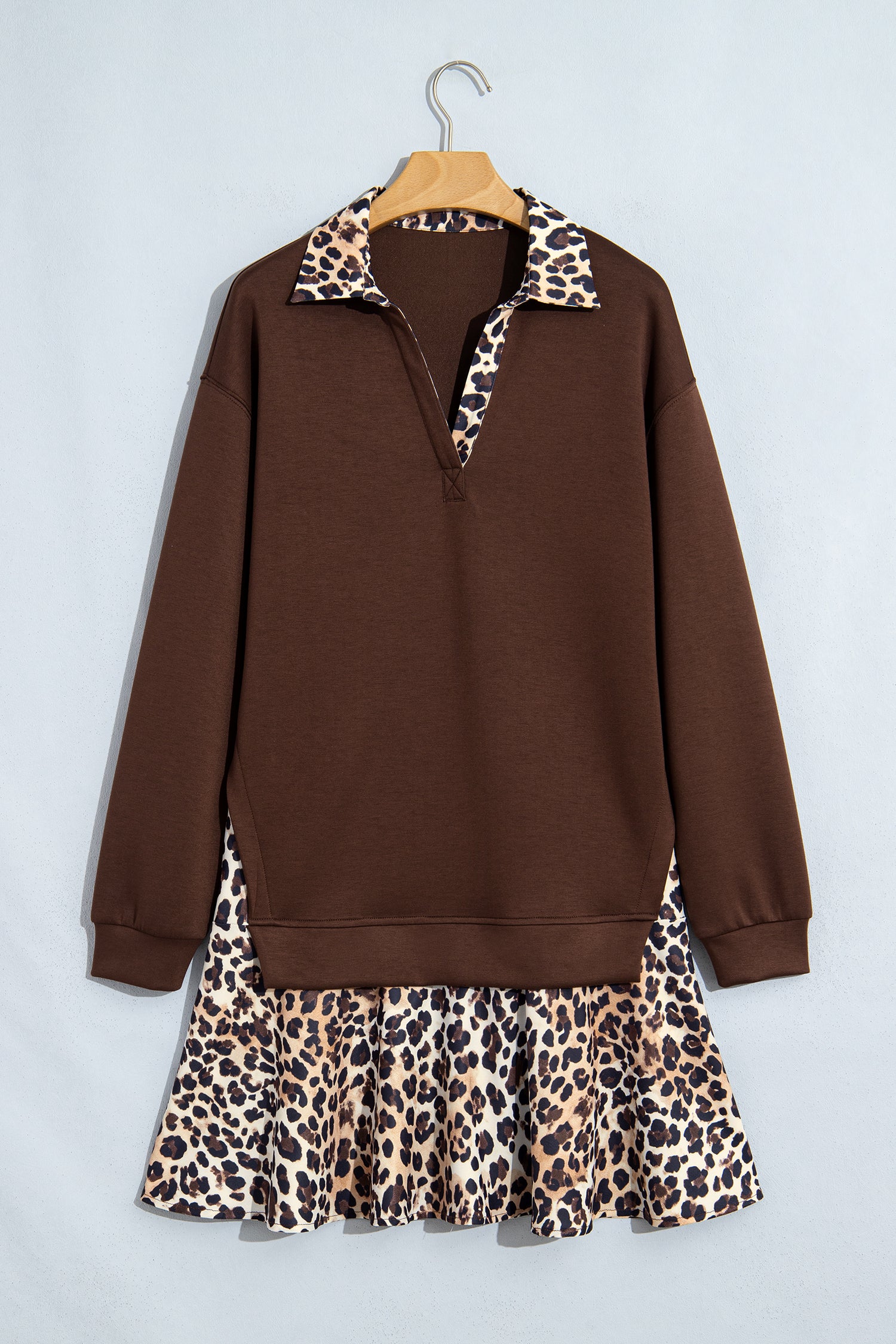 Coffee Leopard Patchwork Collar Long Sleeve Dress 🇺🇸