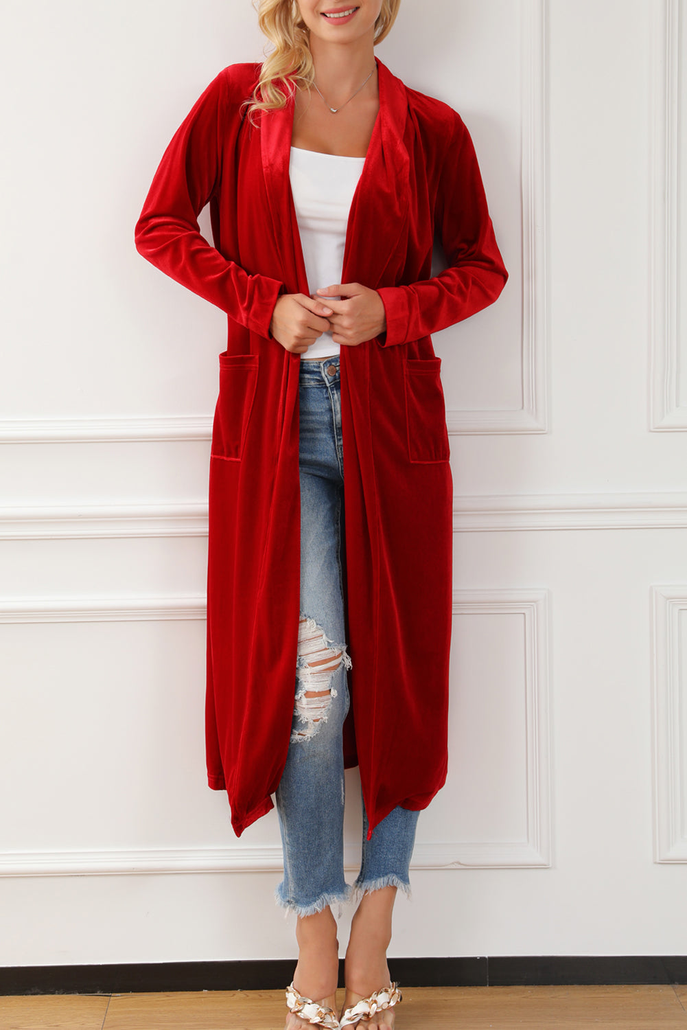Fiery Red Velvet Open Front Pocketed Long Duster 🇨🇳