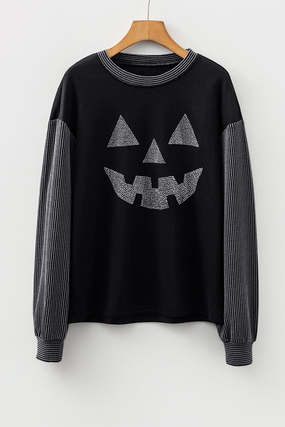 Black Halloween Rhinestone Pumpkin Face Contrast Ribbed Long Sleeve Patchwork Top 🇺🇸