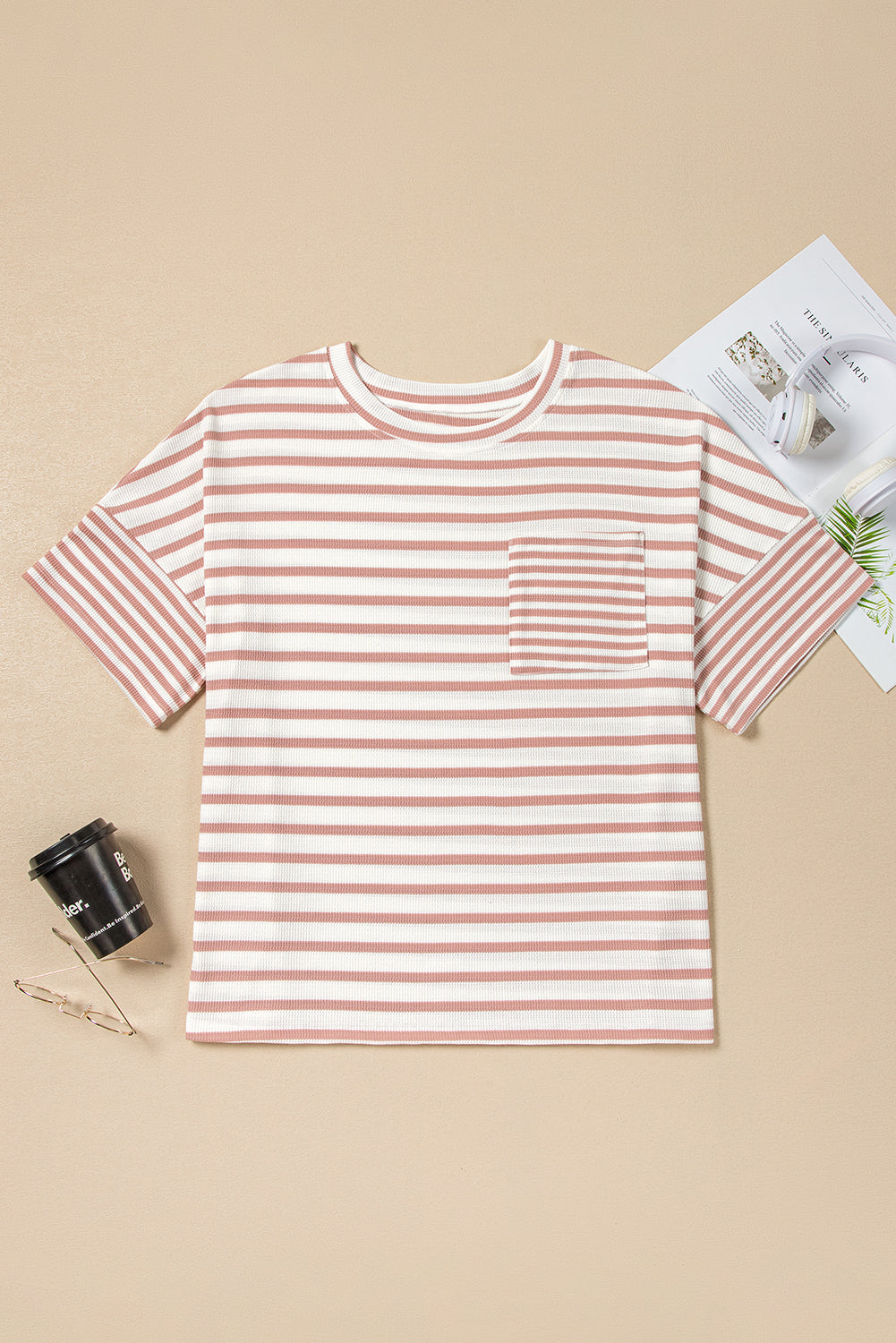 Pink Stripe Waffle Knit Pocketed Half Sleeve Plus Size T Shirt 🇨🇳