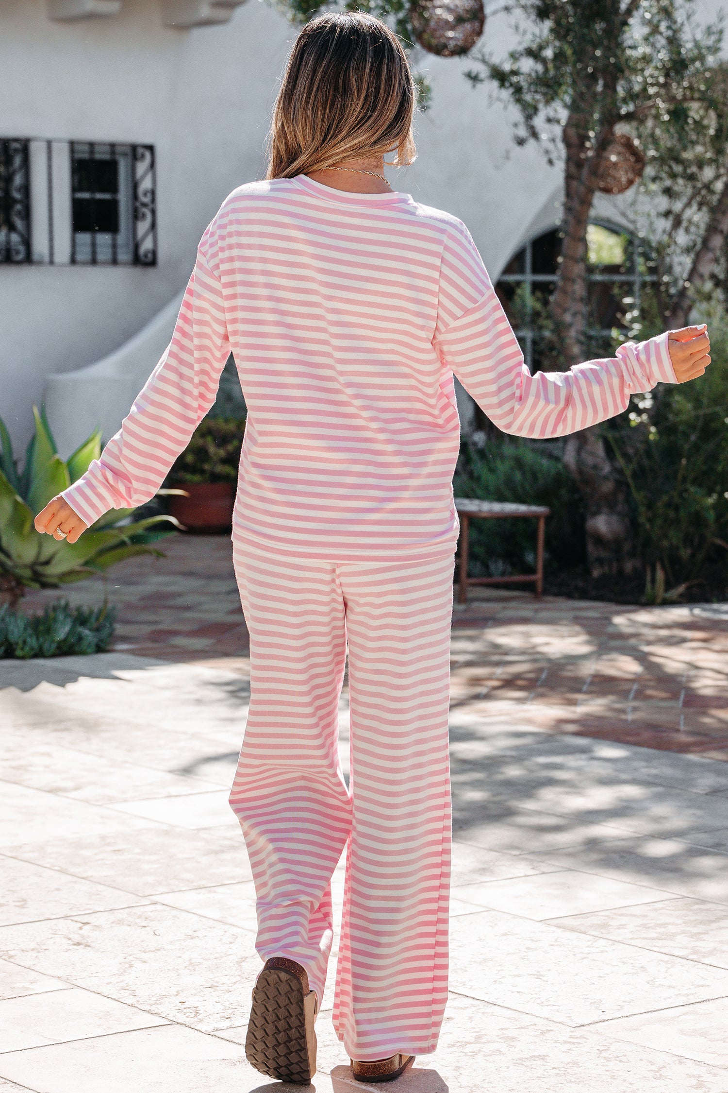 Pink Stripe Drop Shoulder Round Neck Top and Buttoned Straight Pants Two Piece Set 🇺🇸