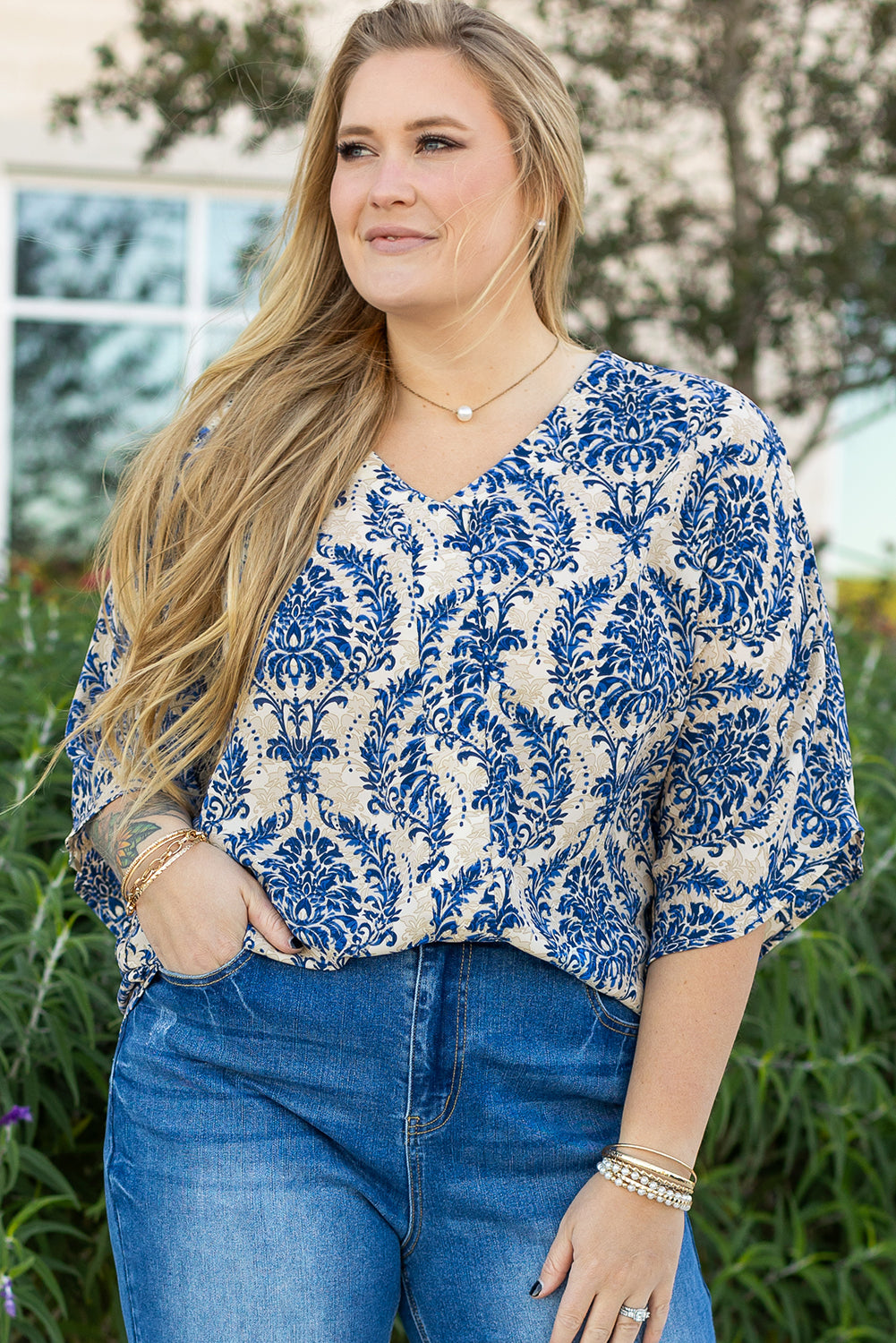 Blue Plus Size Ethnic Printed 3/4 Sleeve V Neck Loose Blouse 🇨🇳
