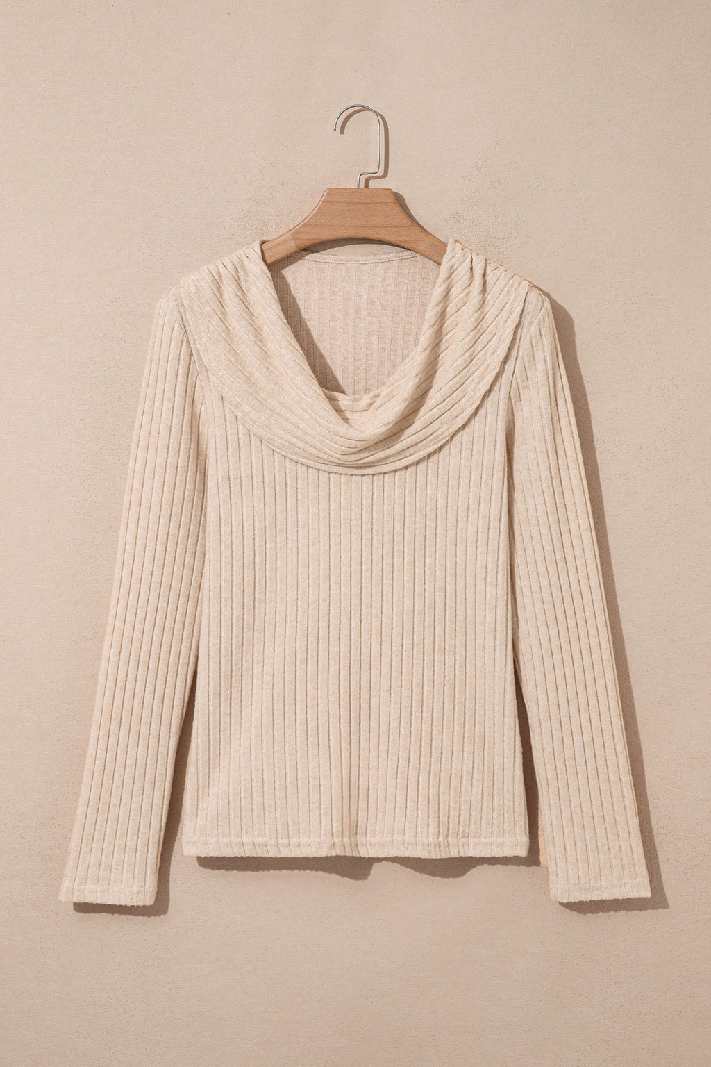 Apricot Solid Color Ribbed Knit Cowl Neck Long Sleeve Top 🇺🇸