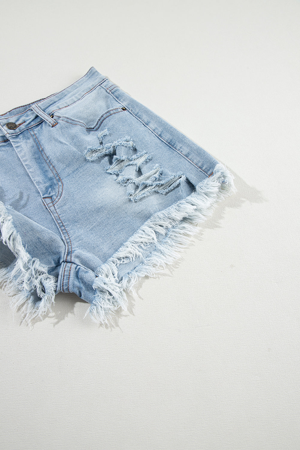 Light Blue Distressed Ripped Raw Hem High Waist Denim Shorts 🇨🇳