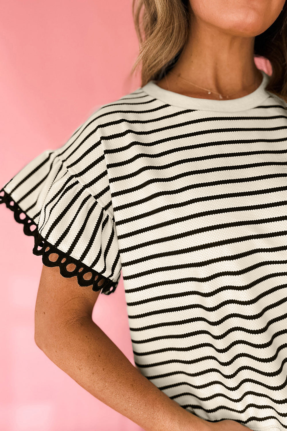 Black Stripe Scallop Lace Trim Ruffle Short Sleeves Crewneck Top 🇺🇲